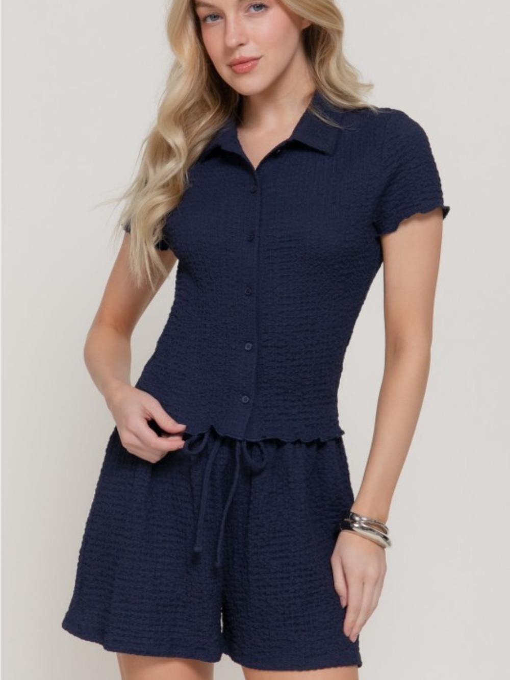 Short Sleeve Top & Shorts Crinkle Knit Set